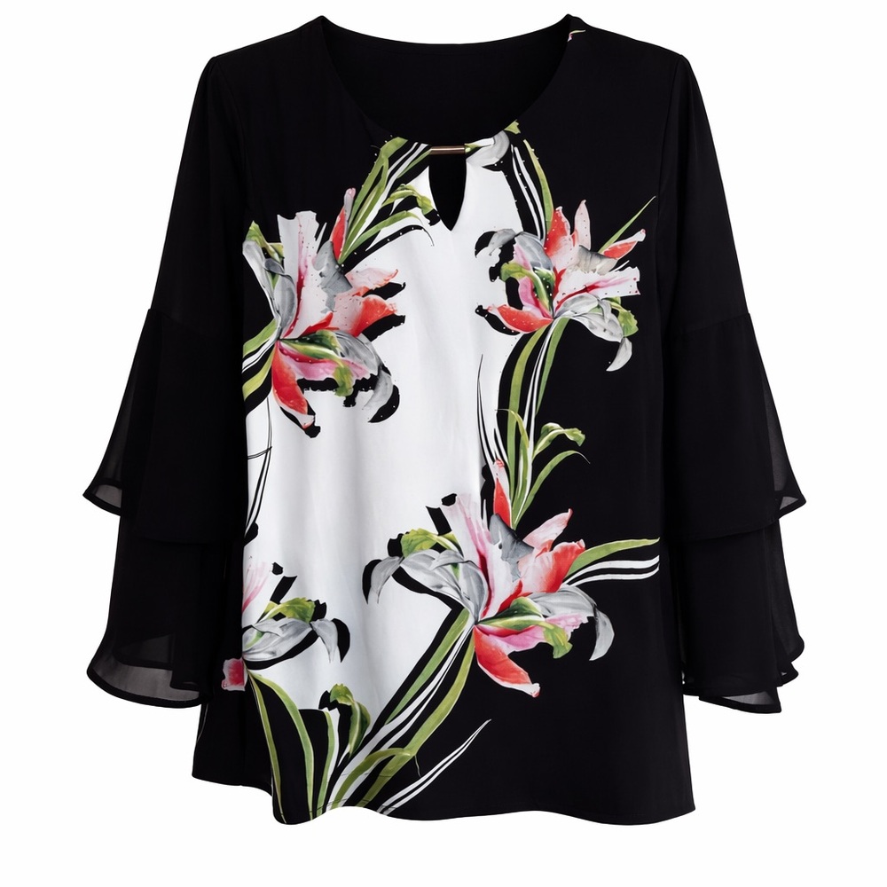 JM Collection Black Floral Blouse with Red and Green Accents